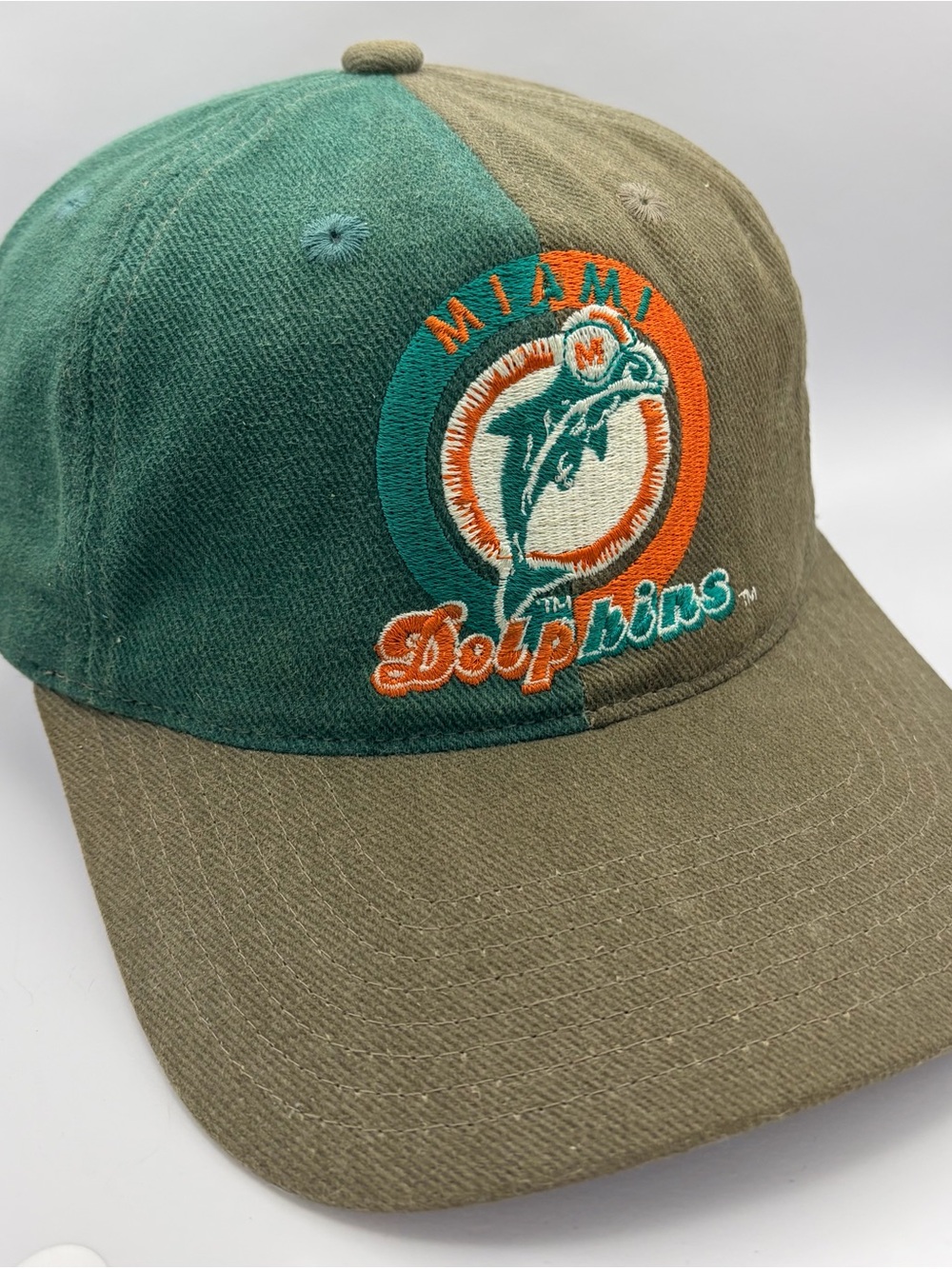 VTG 90s Miami Dolphins Eastport Hat Two-Tone Green Tan NFL Strapback Cap Rare